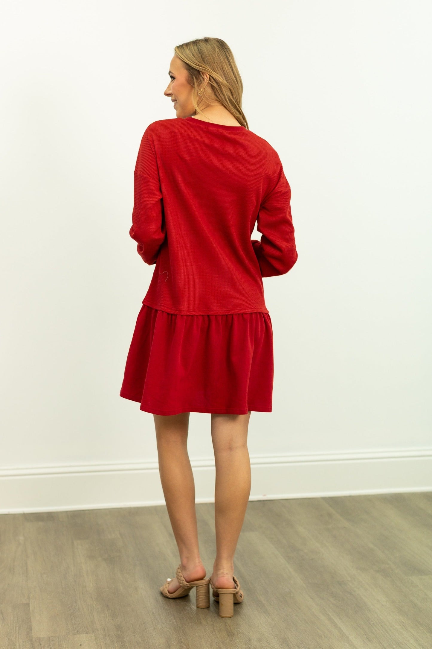 Waffle Knit Long-sleeve Dress, Red in Red view 6 - Fall Wardrobe Essential - Waffle Knit Dressing Gown