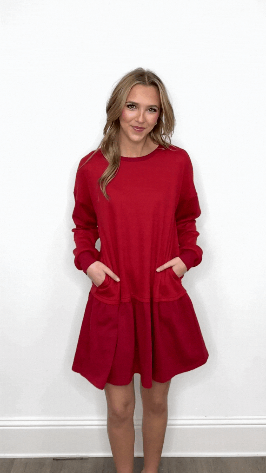 Waffle Knit Long-sleeve Dress, Red Red view 3 (dress) - waffle knit dressing gown, waffle knit dress sh - shop at us.meeeshop