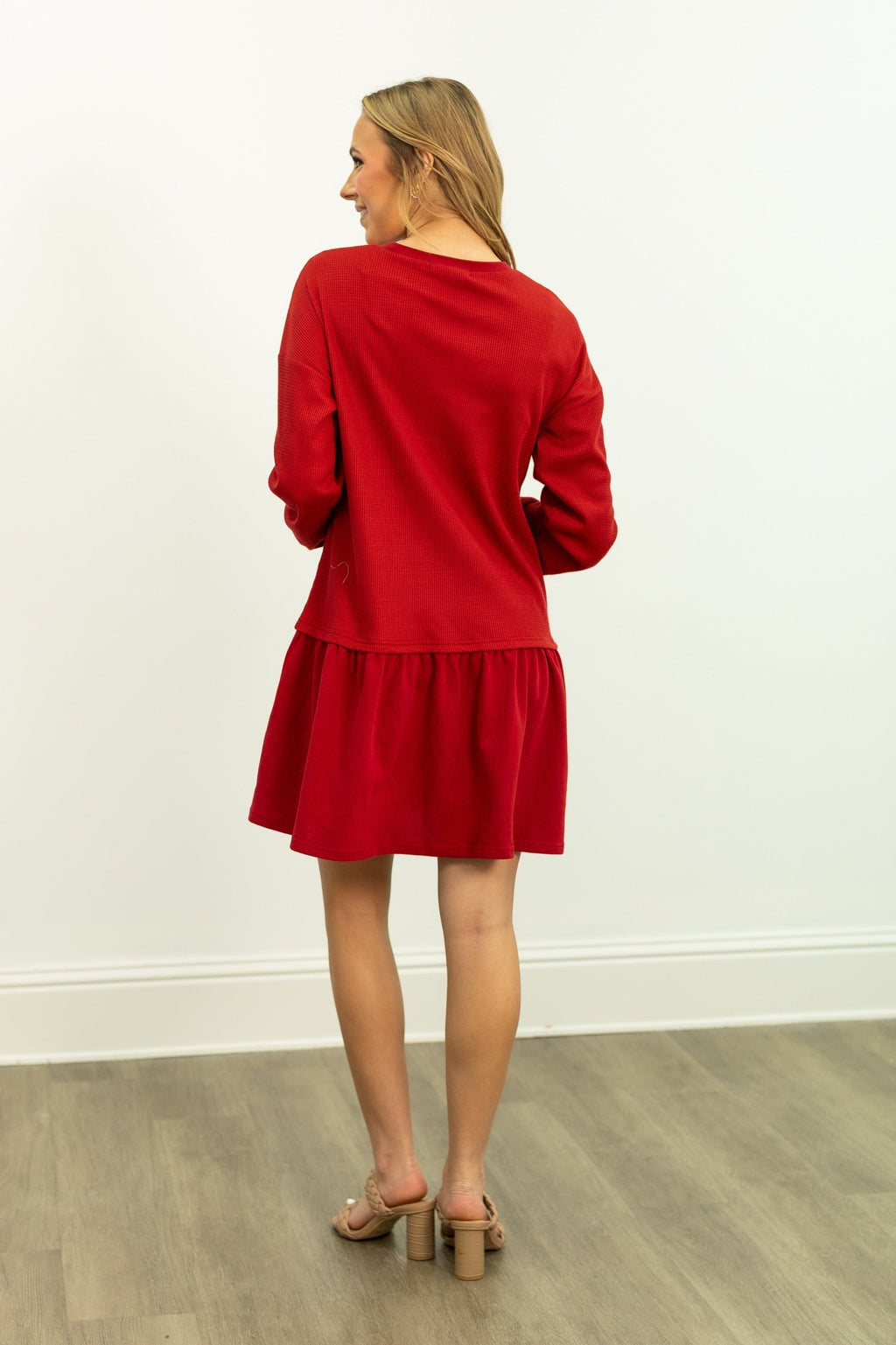 Waffle Knit Long-sleeve Dress, Red Red view 6 (dress) - waffle knit dressing gown, waffle knit dress sh - shop at us.meeeshop