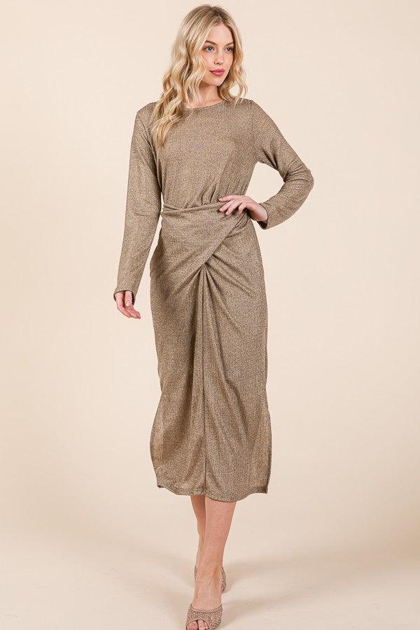 Waist Wrap Dress w Side Pockets-lurex in Gold view 3 - Waist Wrap Dress For Women
