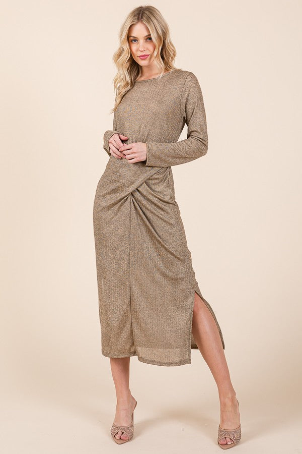 Waist Wrap Dress w Side Pockets-lurex in Gold view 4 - Waist Wrap Dress For Women