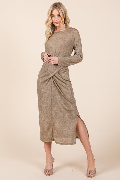 Waist Wrap Dress w Side Pockets-lurex in Gold view 4 - Waist Wrap Dress For Women