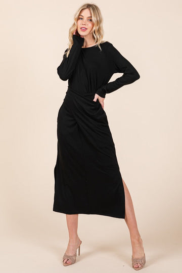 Waist Wrap Dress-with Pockets-solid - MeeeShop Women's Fashion