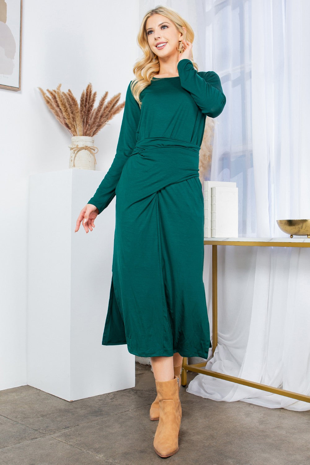 Waist Wrap Dress-with Pockets-solid in Hunter Green view 5 - Waist Wrap Dress For Women