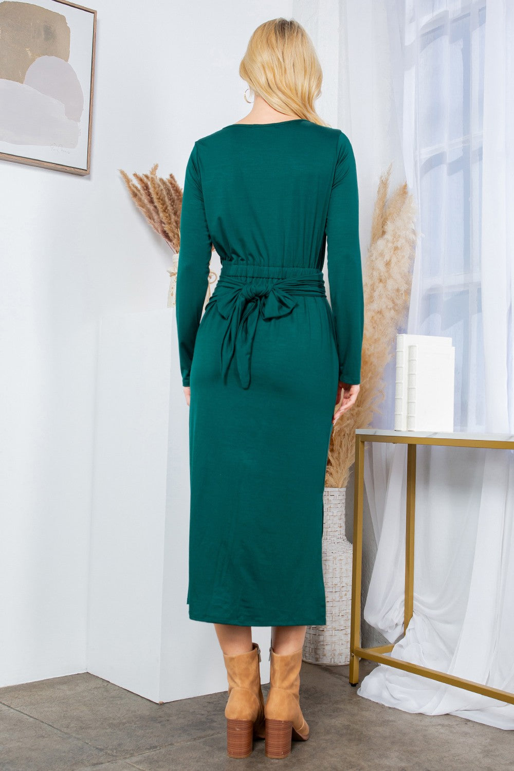 Waist Wrap Dress-with Pockets-solid in Hunter Green view 6 - Waist Wrap Dress For Women