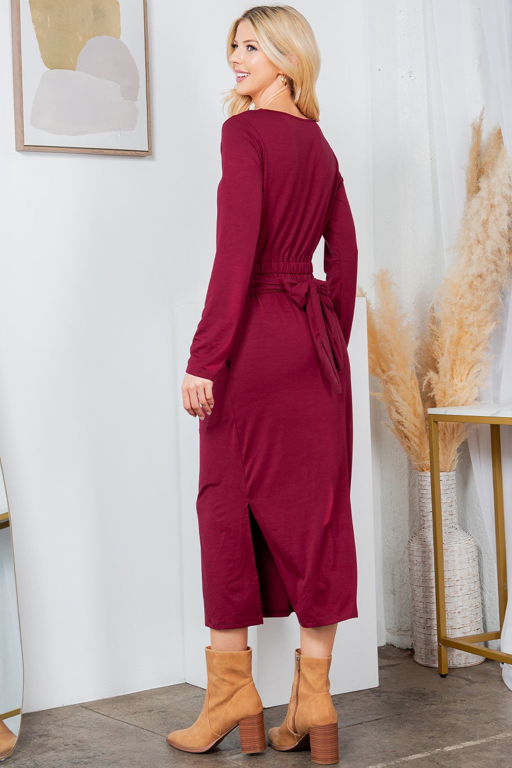 Waist Wrap Dress-with Pockets-solid in Wine view 10 - Waist Wrap Dress For Women