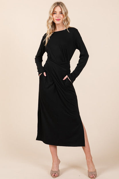 Waist Wrap Dress-with Pockets-solid in Wine view 11 - Waist Wrap Dress For Women