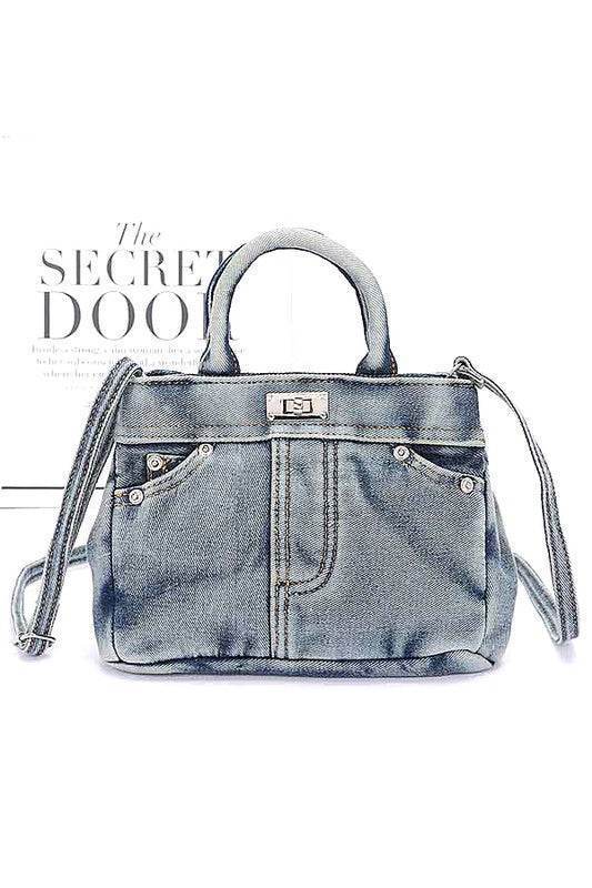 Washed Denim Top Handle Convertible Bag - us.meeeshop