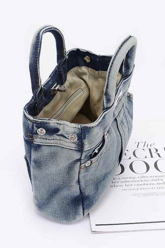 Washed Denim Top Handle Convertible Bag - us.meeeshop