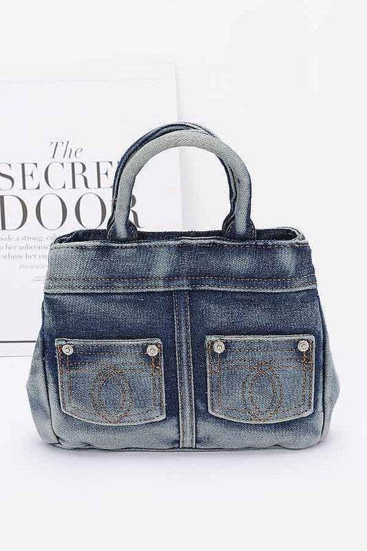 Washed Denim Top Handle Convertible Bag - us.meeeshop