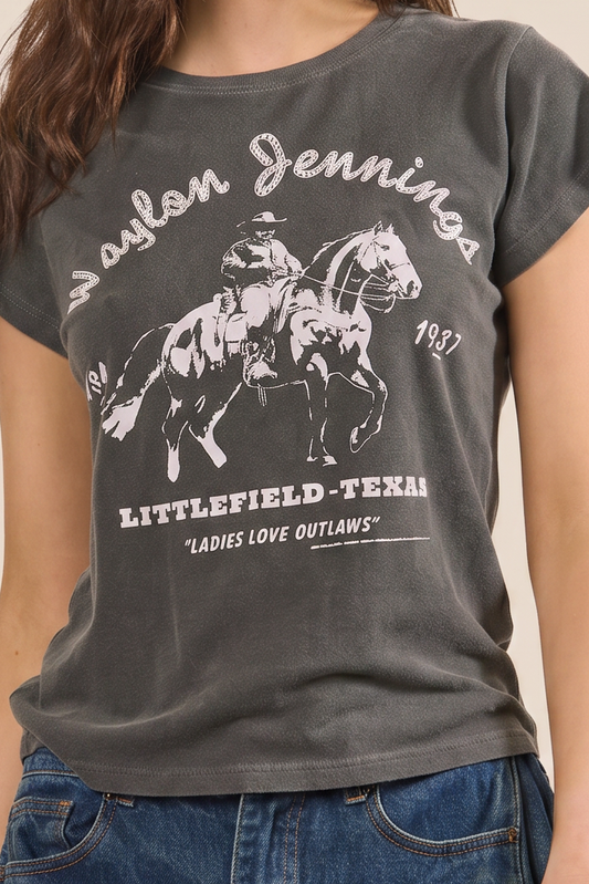 Waylon Jennings Fitted Baby Tee in S view 2 - Waylon Jennings Tee Shirts (top)