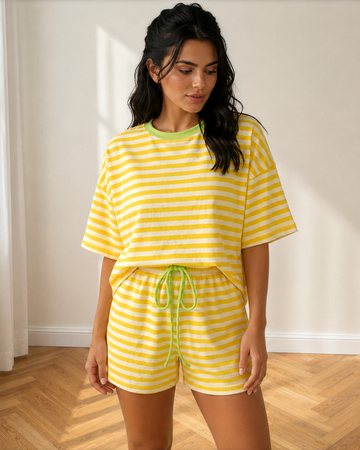 Weekend Retreat Drawstring Shorts Set in Yellow Stripe - Weekend Getaway Set (bottom)