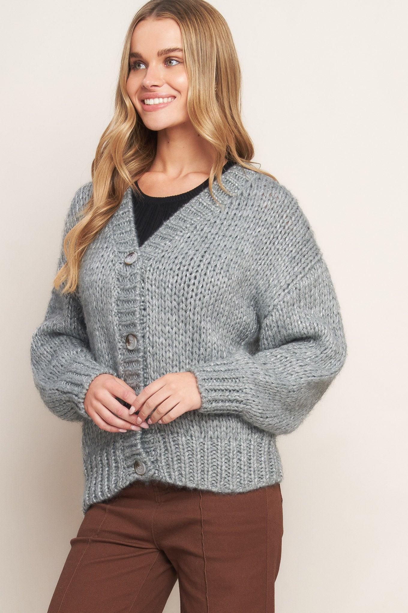 Weekend Warmth Sweater Knit Cardigan in CREAM/GOLD view 2 - Fall Wardrobe Essential - Grey Weekend Cardigan (top)