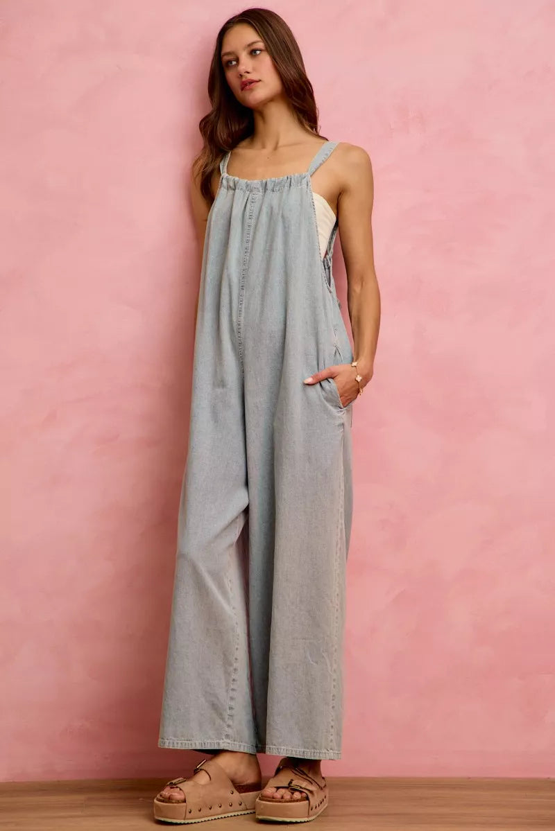 wide leg lightweight So Me Wide Leg Lightweight Denim Overalls view 12 (piece) - shop at us.meeeshop