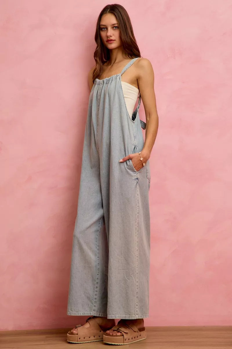 wide leg lightweight So Me Wide Leg Lightweight Denim Overalls view 13 (piece) - shop at us.meeeshop