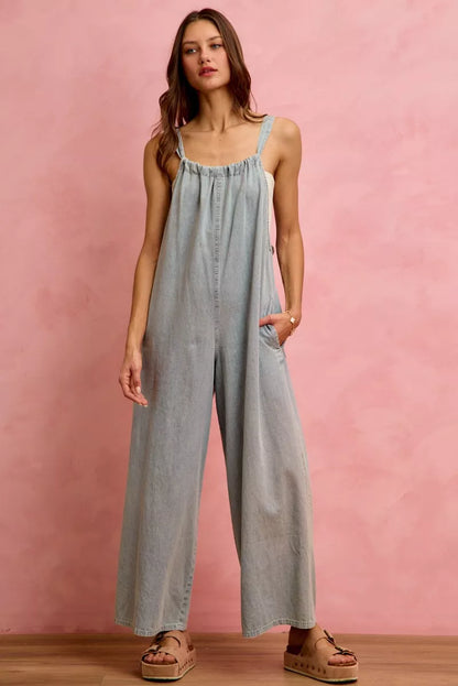 wide leg lightweight So Me Wide Leg Lightweight Denim Overalls view 5 (piece) - shop at us.meeeshop