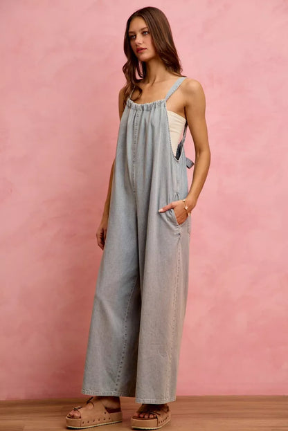 wide leg lightweight So Me Wide Leg Lightweight Denim Overalls view 6 (piece) - shop at us.meeeshop