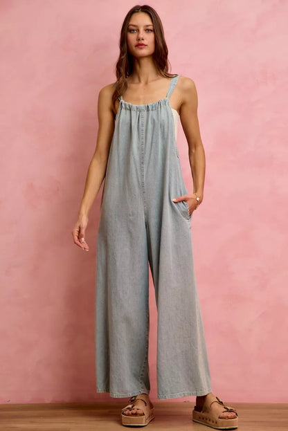 wide leg lightweight So Me Wide Leg Lightweight Denim Overalls view 8 (piece) - shop at us.meeeshop