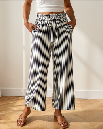 Willlow Stripe Tied High Waist Loose Straight Casual Pants in S - High-Waisted (bottom)