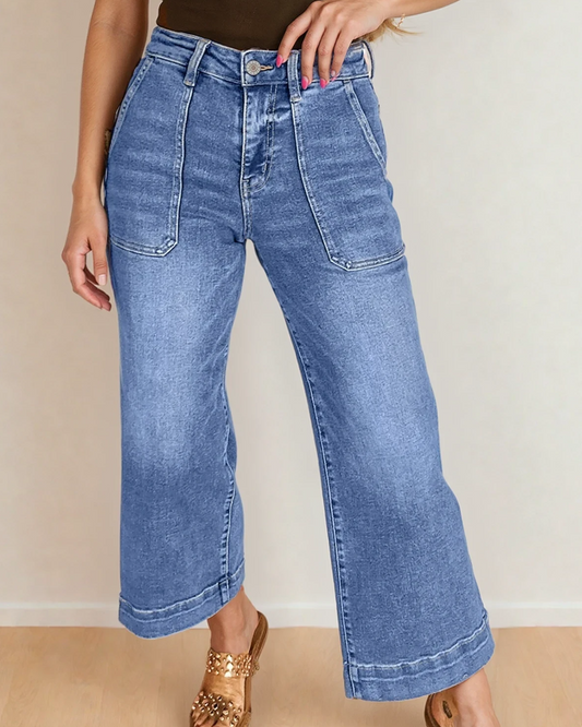 Willow Cropped High Rise Wide Leg Jeans - Medium Wash in Sky Blue - High-Waisted - Willow Crop Jeans (bottom)
