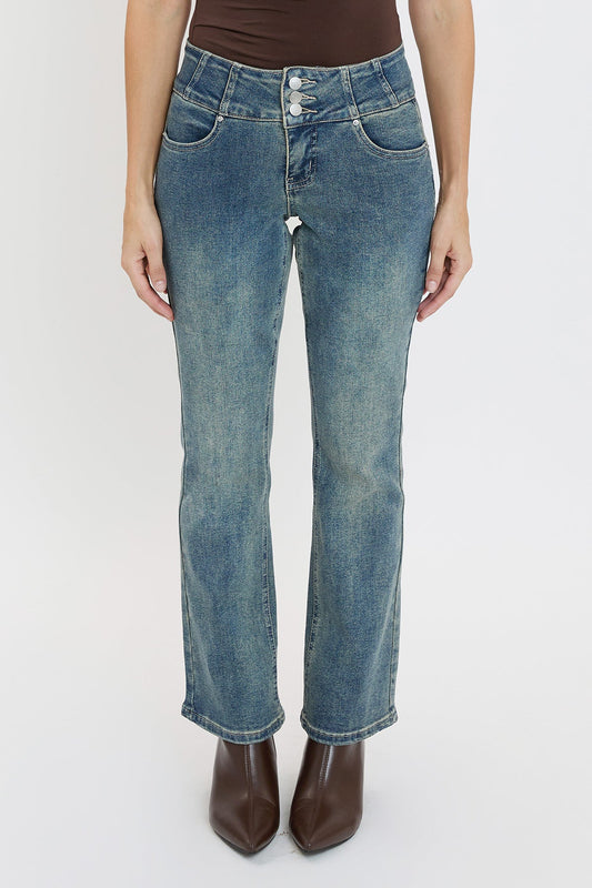 Women's 3-button Premium Stretch Bootcut Jeans in T Tinted Blue view 2 - Comfort Stretch - Women'S Button Jeans