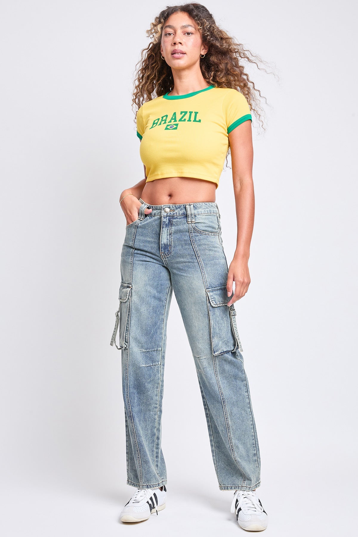 Women's Adjustable Waist Cargo Straight Jeans in RBT Tinted Olympic Blue - Women'S Adjustable Jeans Button Under 100