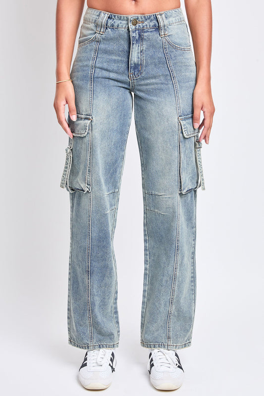 Women's Adjustable Waist Cargo Straight Jeans in RBT Tinted Olympic Blue view 2 - Women'S Adjustable Jeans Button Under 100