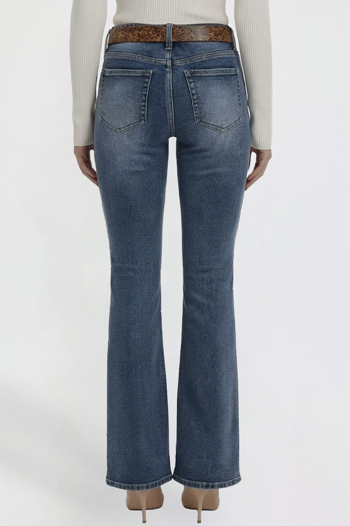 Women's Belted Bootcut Jeans in N Indigo Blue view 4 - Womens Belted Jean Jacket (bottom)
