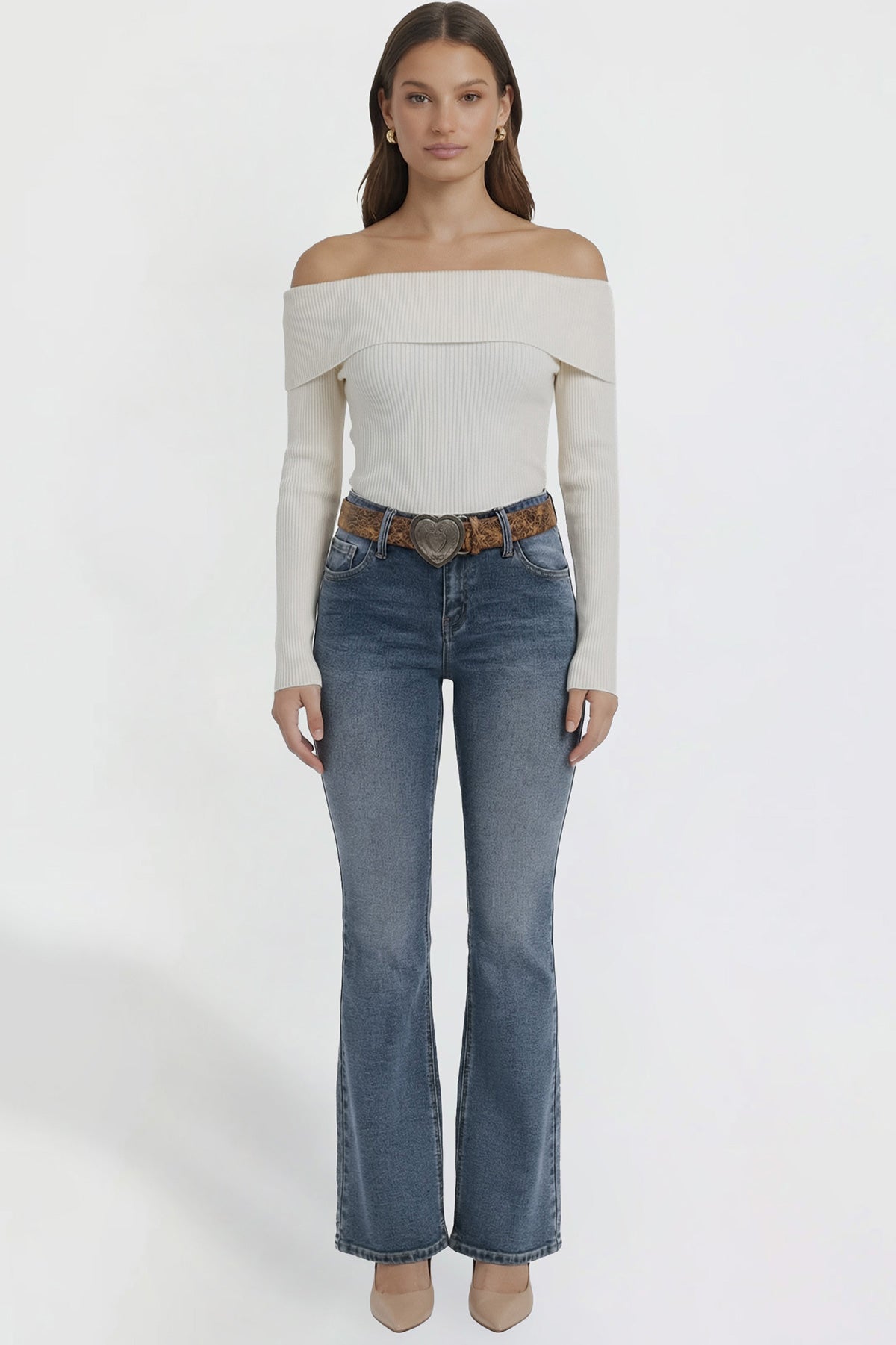 Women's Belted Bootcut Jeans in N Indigo Blue - Womens Belted Jean Jacket (bottom)