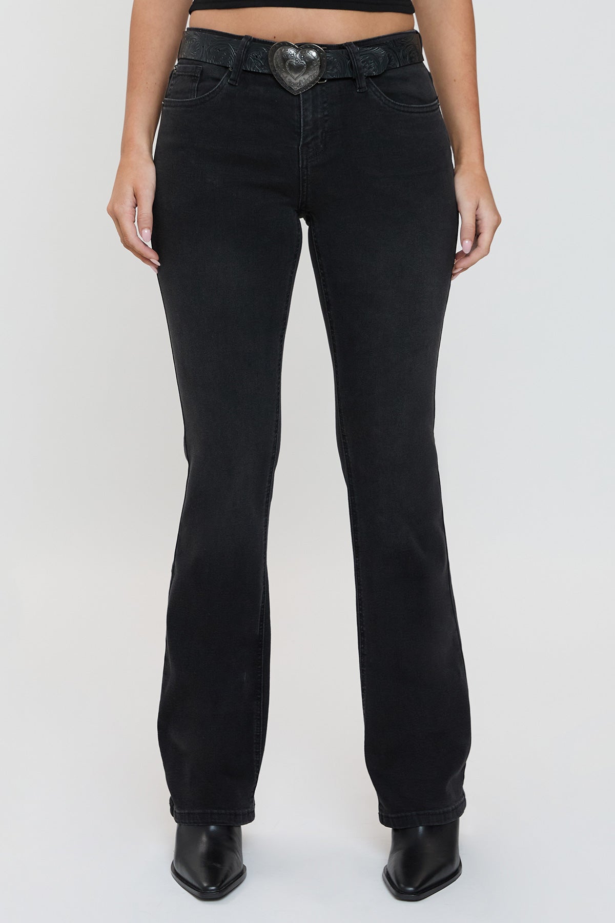 Women's Belted Bootcut Jeans in W Black view 2 - Womens Belted Jean Jacket (bottom)