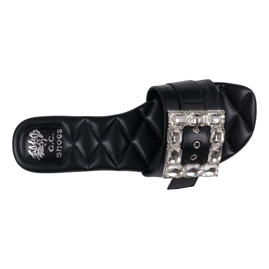 Women's Bianca Black Rhinestone Buckle Flat Sandals Black view 2 (shoe) - women's bianca shoes, dansko  - shop at us.meeeshop