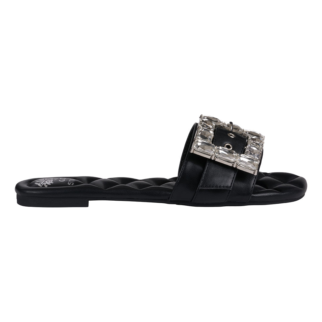 Women's Bianca Black Rhinestone Buckle Flat Sandals Black view 3 (shoe) - women's bianca shoes, dansko  - shop at us.meeeshop