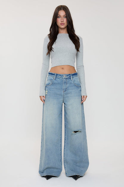 Women's Billie Baggy Wide Leg Jeans in J Faded Blue Rips view 10 - Women'S Billie Jeans (bottom)