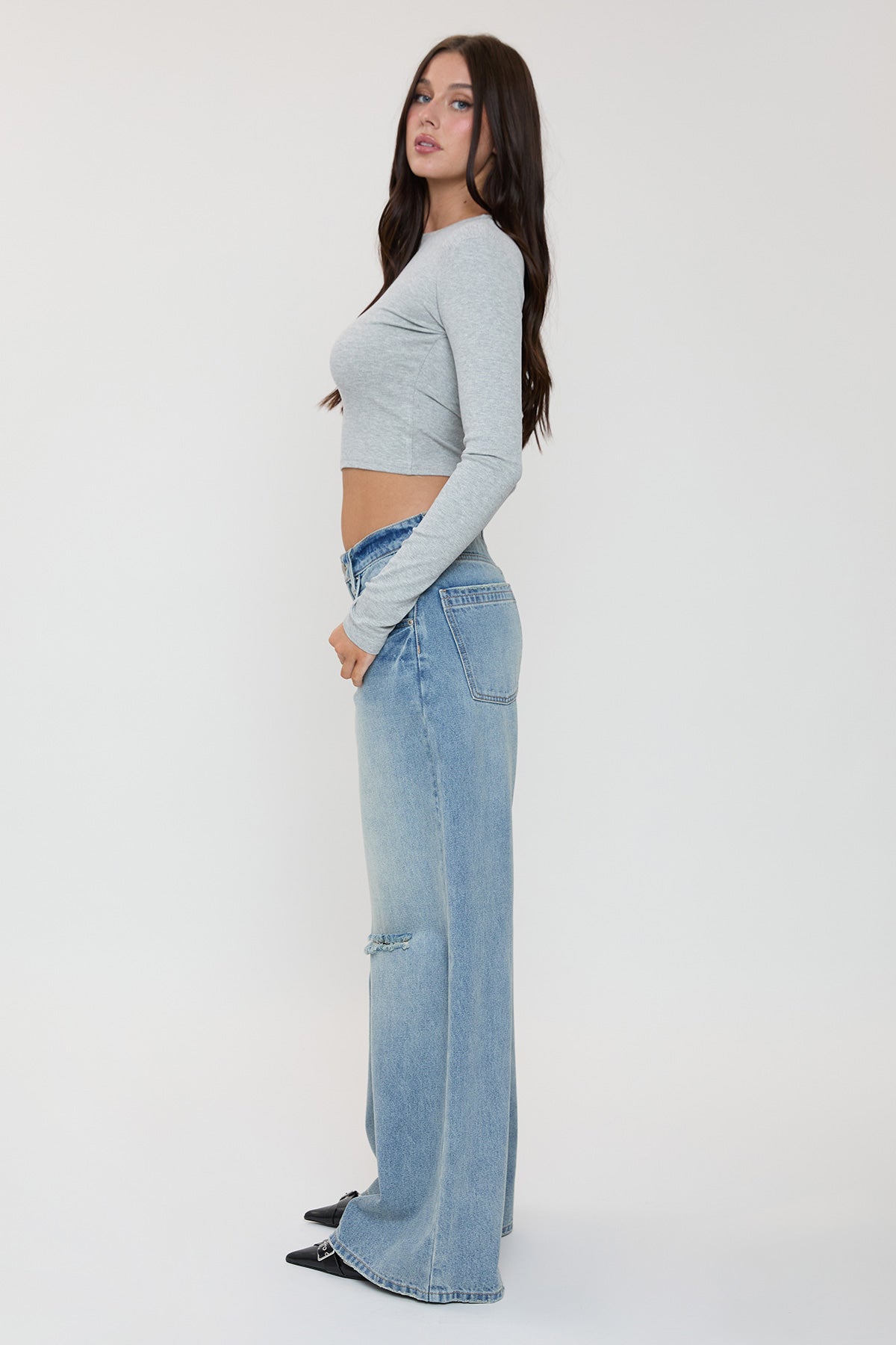Women's Billie Baggy Wide Leg Jeans in J Faded Blue Rips view 14 - Women'S Billie Jeans (bottom)