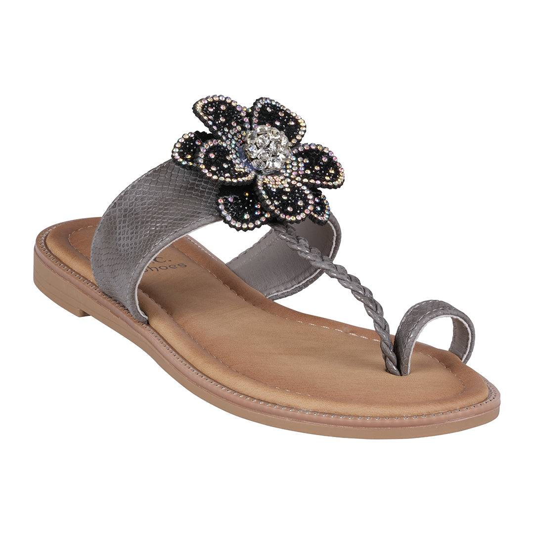 Women's Blossom Black Embellished Flower Toe Ring Flat Sandals Black (shoe) - womens flower sandals, wo - shop at us.meeeshop
