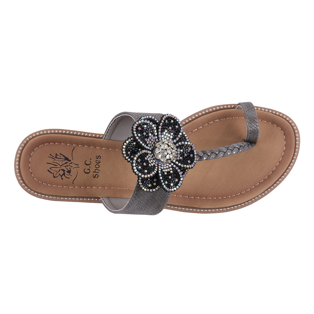 Women's Blossom Black Embellished Flower Toe Ring Flat Sandals Black view 3 (shoe) - womens flower sand - shop at us.meeeshop