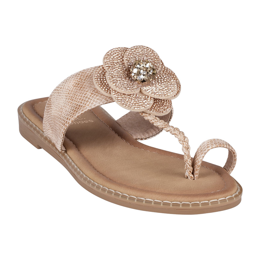 Women's Blossom Rose Gold Embellished Flower Toe Ring Flat Sandals Rose Gold (shoe) - womens flower san - shop at us.meeeshop