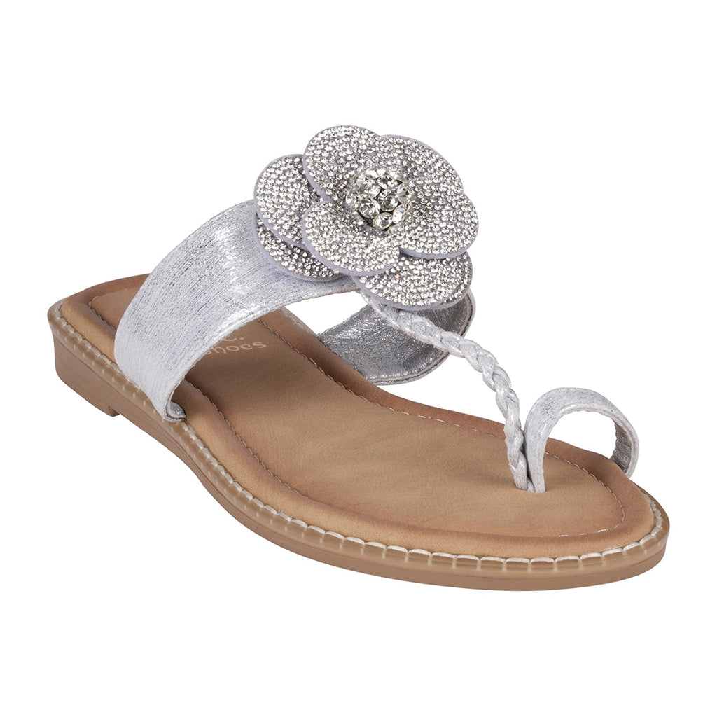 Women's Blossom Silver Embellished Flower Toe Ring Flat Sandals Silver (shoe) - womens flower sandals,  - shop at us.meeeshop