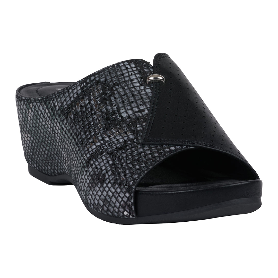 Women's Dacia Black Snake-skin Wedge Sandals Black (shoe) - wedge sandals, skin wedge sandals - shop at us.meeeshop