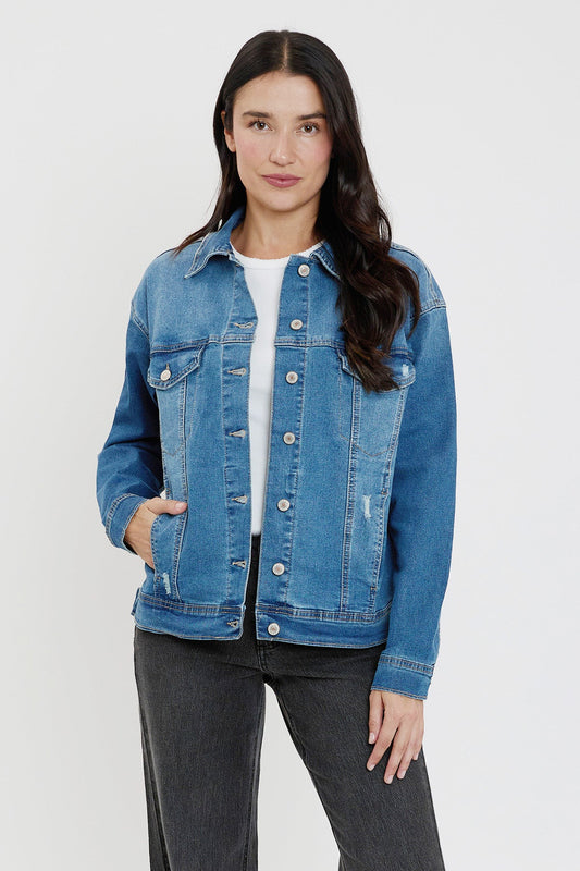 Women's Drop Shoulder Boyfriend Denim Jacket in M Medium Blue Rips - Women'S Drop Jacket (bottom)