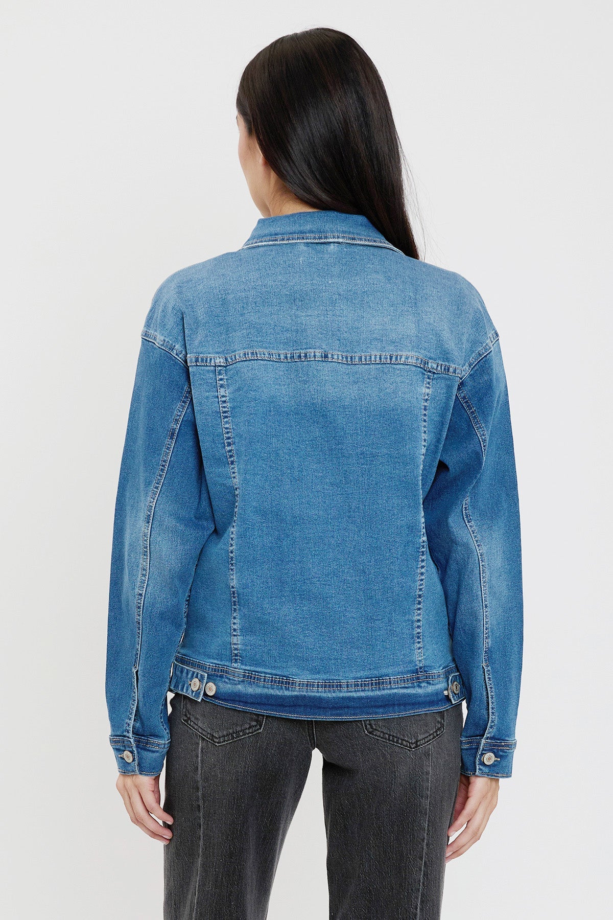 Women's Drop Shoulder Boyfriend Denim Jacket in M Medium Blue Rips view 3 - Women'S Drop Jacket (bottom)