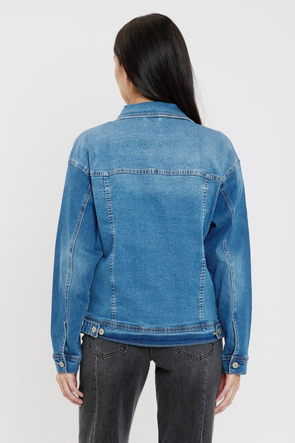 Women's Drop Shoulder Boyfriend Denim Jacket in M Medium Blue Rips view 3 - Women'S Drop Jacket (bottom)