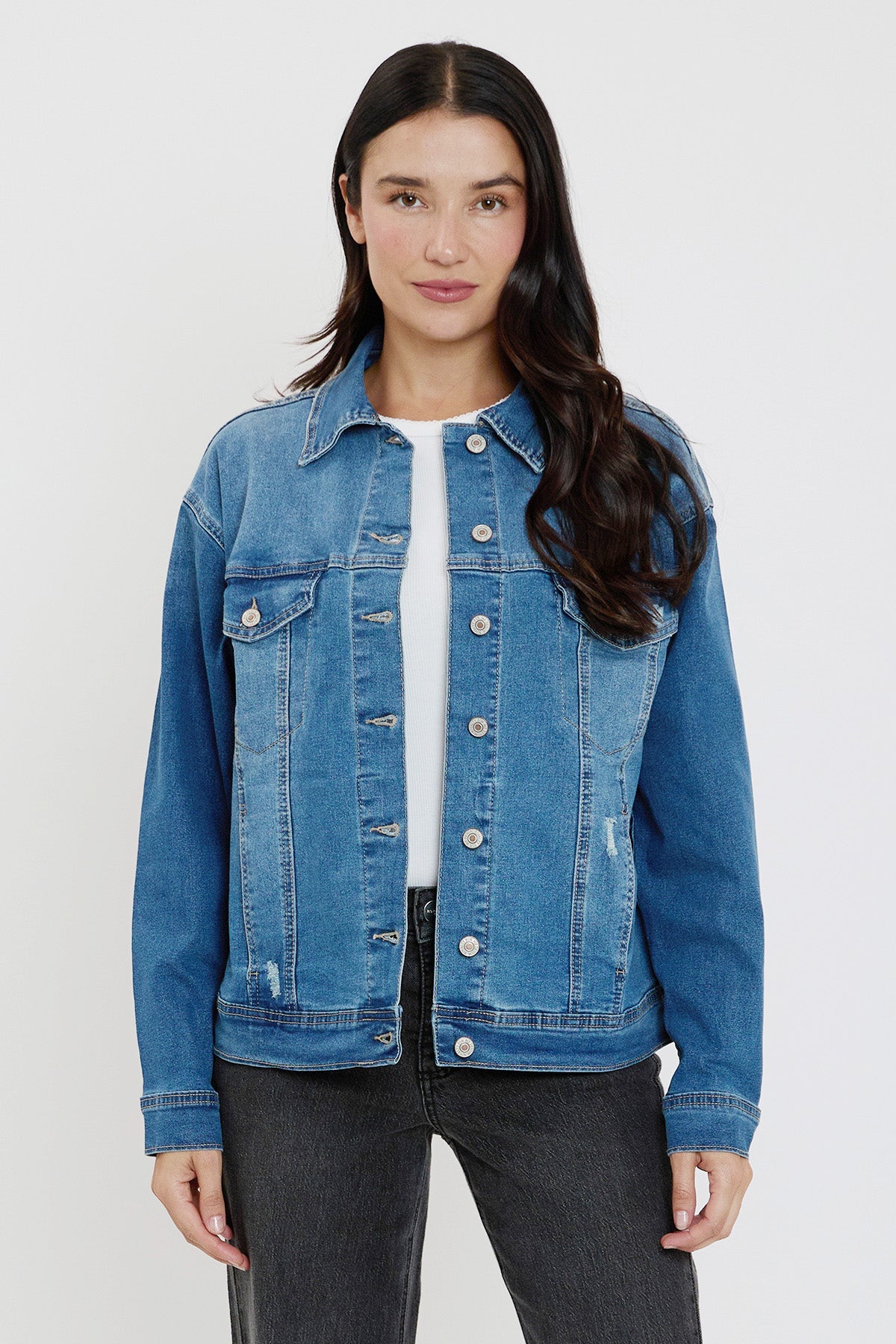 Women's Drop Shoulder Boyfriend Denim Jacket in M Medium Blue Rips view 4 - Women'S Drop Jacket (bottom)