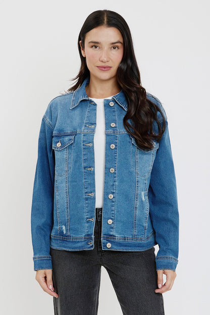 Women's Drop Shoulder Boyfriend Denim Jacket in M Medium Blue Rips view 4 - Women'S Drop Jacket (bottom)