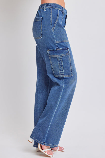 Women's Elastic Waist Straight Cargo Jean in C Sky Blue view 10 - Comfort Stretch - Womens Elastic Jeans (bottom)