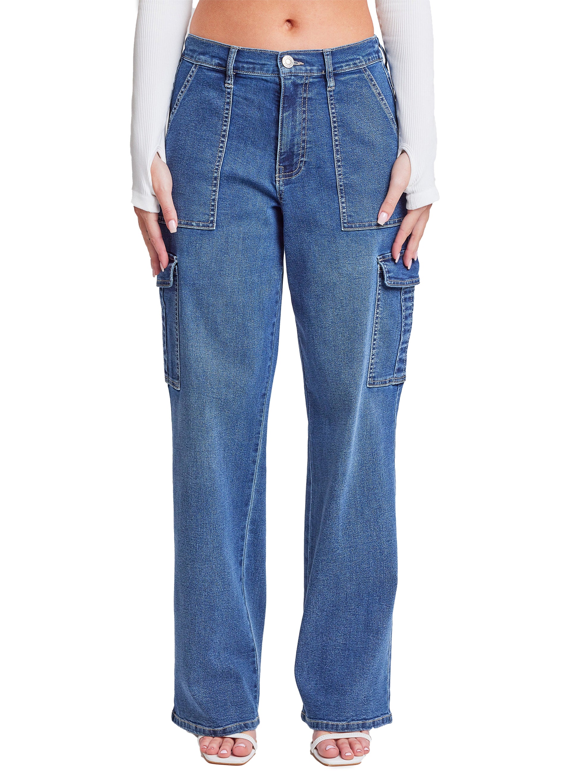 Women's Elastic Waist Straight Cargo Jean in C Sky Blue view 11 - Comfort Stretch - Womens Elastic Jeans (bottom)