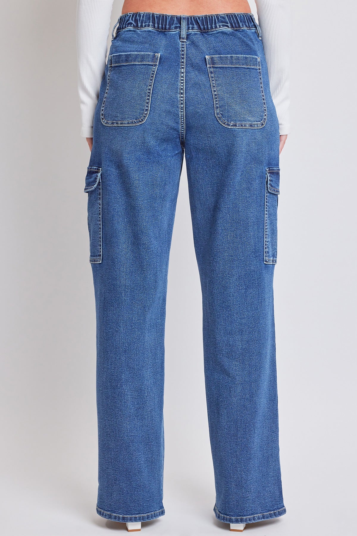 Women's Elastic Waist Straight Cargo Jean in C Sky Blue view 12 - Comfort Stretch - Womens Elastic Jeans (bottom)