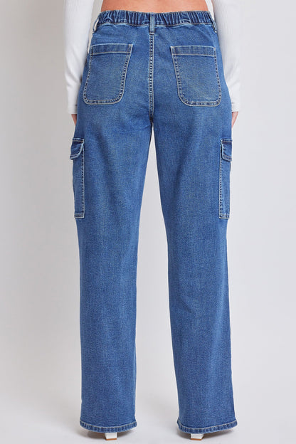 Women's Elastic Waist Straight Cargo Jean in C Sky Blue view 12 - Comfort Stretch - Womens Elastic Jeans (bottom)