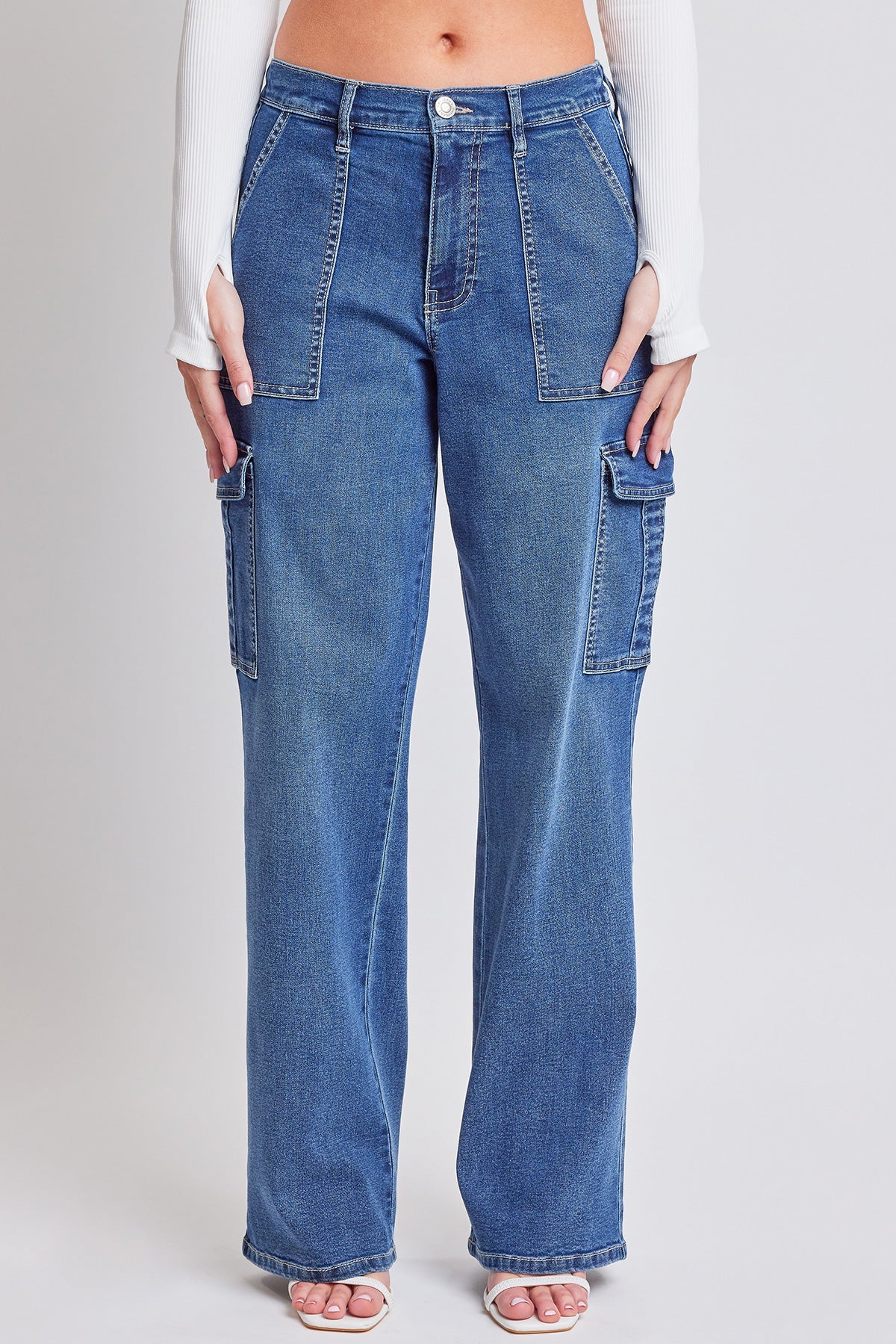 Women's Elastic Waist Straight Cargo Jean in C Sky Blue view 9 - Comfort Stretch - Womens Elastic Jeans (bottom)