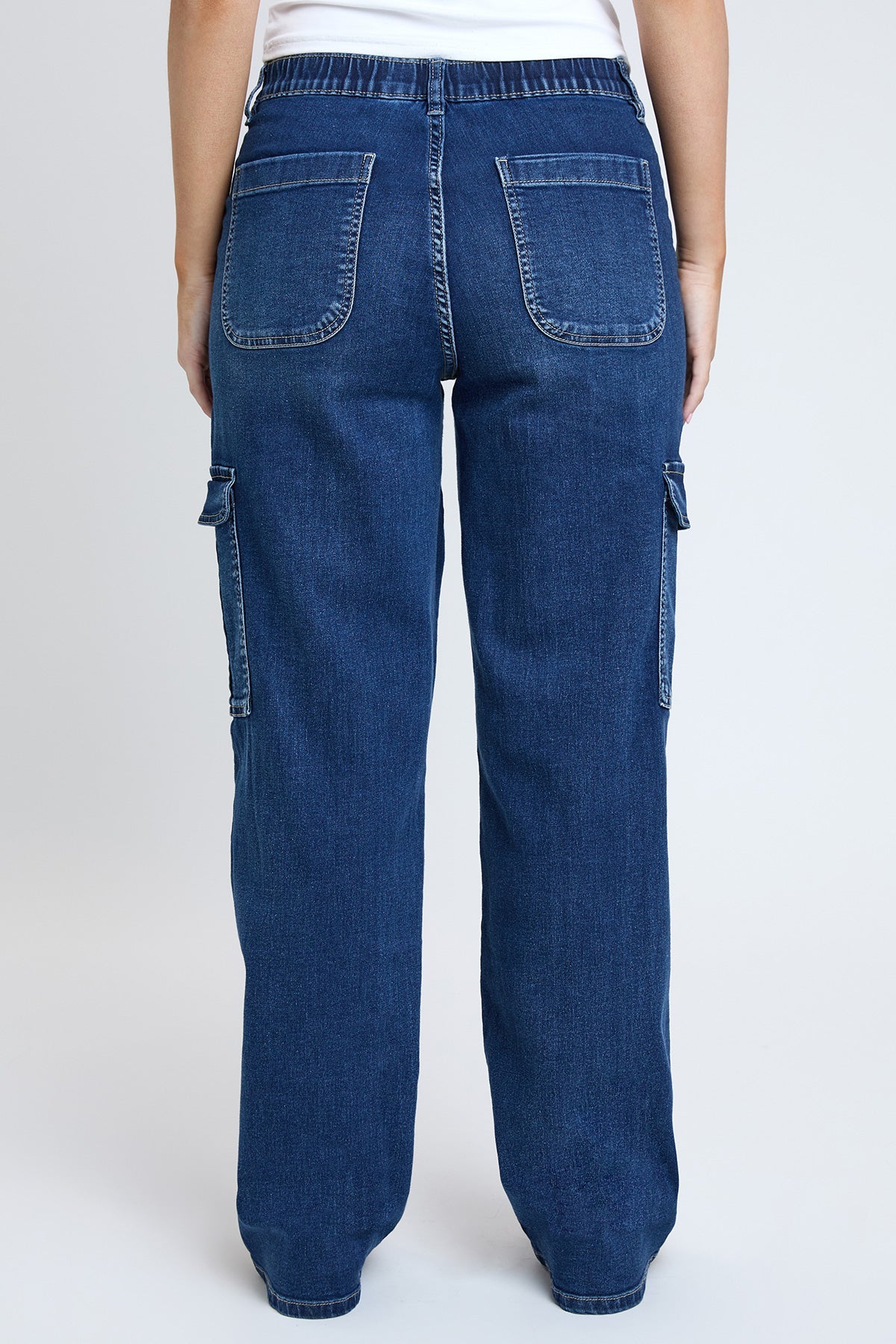 Women's Elastic Waist Straight Cargo Jean in N Indigo Blue view 5 - Comfort Stretch - Womens Elastic Jeans (bottom)